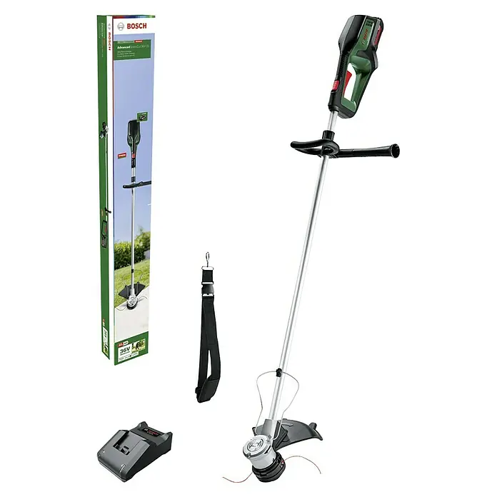 Bosch Power for All 36V Akku-Rasentrimmer AdvancedGrassCut 36V-33 - 36 V, 2 Ah, Li-Ionen, 1 Akku - Bild eines Bosch AdvancedGrassCut 36V-33 Akku-Rasentrimmers mit Zubehör, ideal für müheloses Trimmen von Rasenkanten und schwer zugänglichen Stellen.