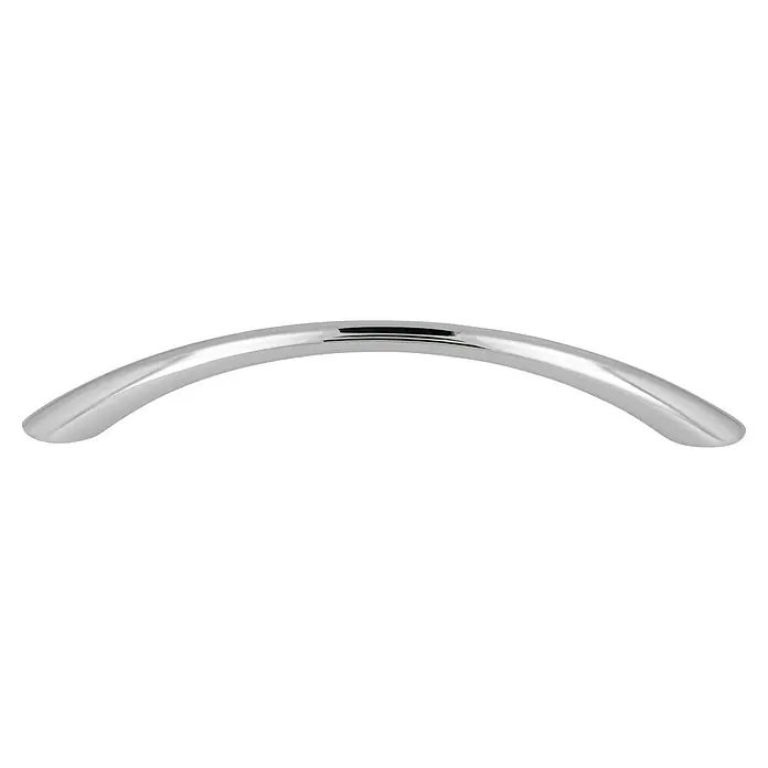 Häfele Tirador para muebles - Tipo de tirador del mueble: Estribo, Acero, Cromado, Ø x L: 10 x 184 mm - Primer plano de un anillo de joyería curvado plateado, que enfatiza una estética elegante y minimalista.
