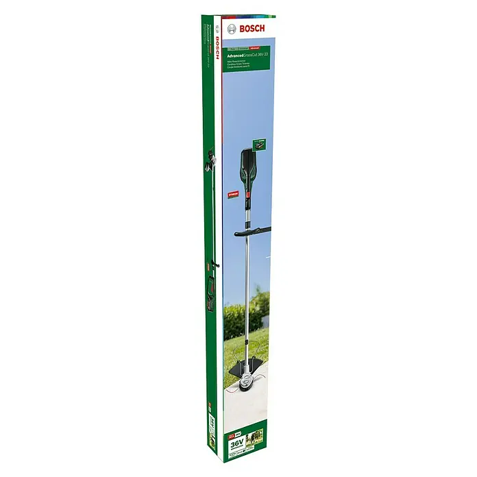 Bosch Power for All 36V Akku-Rasentrimmer AdvancedGrassCut 36V-33 - 36 V, 2 Ah, Li-Ionen, 1 Akku - Ein Bild der Verpackung des Bosch AdvancedGrassCut 36V-33 Akku-Rasentrimmers. Der Trimmer selbst ist auf der Vorderseite abgebildet.