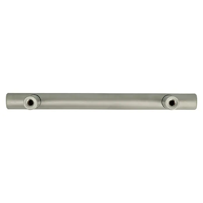 Möbelgriff - Typ Möbelgriff: Stange, Ø x L: 14 x 405 mm, Stahl, Vernickelt - Eine glänzende, silberfarbene Halterung mit zwei runden Aussparungen zur Befestigung, ideal für moderne Möbel und Badezimmerausstattungen.