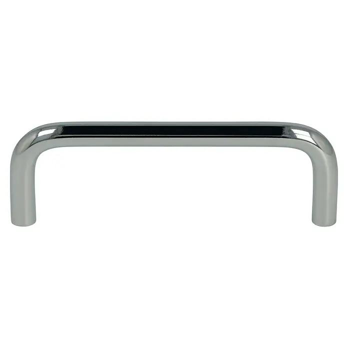 Häfele Tirador para muebles - Tipo de tirador del mueble: Estribo, Acero, Cromado, Ø x L: 10 x 170 mm - Primer plano de un tirador de mueble plateado brillante con esquinas redondeadas sobre un fondo negro. El metal refleja la luz.