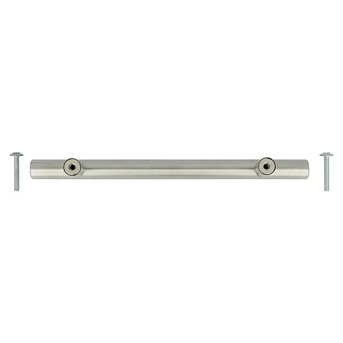 Möbelgriff - Typ Möbelgriff: Stange, Sonstige, Vernickelt, Länge: 132 mm - Die Abbildung zeigt einen Griff mit zwei Schrauben an den Enden, ideal für Möbel oder Schubladen, robust und langlebig.