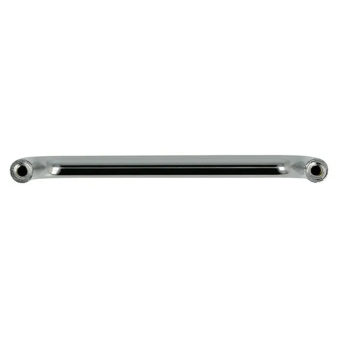 Häfele Tirador para muebles - Tipo de tirador del mueble: Estribo, Acero, Cromado, Ø x L: 10 x 106 mm - Primer plano de una barra de manija cromada brillante con extremos redondos y orificios para tornillos, ideal para muebles modernos o accesorios de baño.