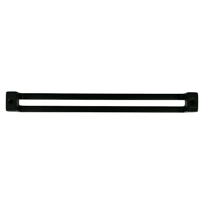 Häfele Tirador para muebles - Tipo de tirador del mueble: Estribo, L x An x Al: 170 x 28 x 18 mm, Negro - Primer plano de una rejilla de ventilación negra con listones horizontales y puntos de montaje laterales para un flujo de aire optimizado.
