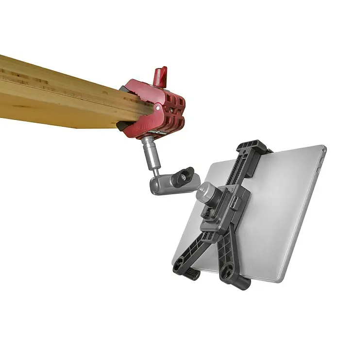 Piher Soporte para tableta 34057 - 7 " - 10,2 " - Soporte para tablet sujetado a una tabla de madera con una pinza, permitiendo el uso manos libres y fácil posicionamiento.
