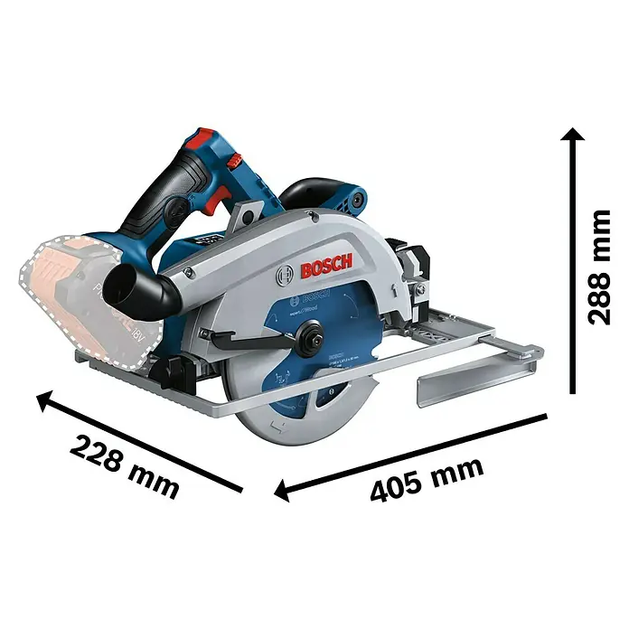 Bosch Professional AMPShare 18V Akku-Handkreissäge GKS 18V-68 GC Solo - 18 V, Ohne Akku, Durchmesser Sägeblatt: 190 mm, Leerlaufdrehzahl: 2.500 U/min - 5.000 U/min - Abbildung einer Bosch Akku-Kreissäge mit Maßangaben. Präzise Schnitte durchdachtes Design. Ideal für Profis.