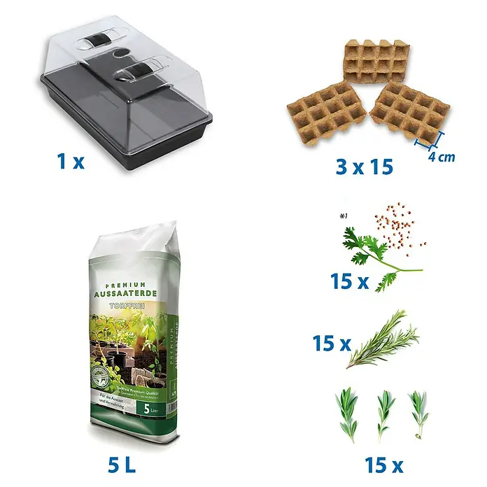 Floraworld Anzucht-Set Fresh BBQ - L x B x H: 38 x 24 x 18,5 cm - Abbildung eines Anzuchtsets mit einer Anzuchtschale, Quelltabletten, torffreier Anzuchterde und verschiedenen Kräutersamen.