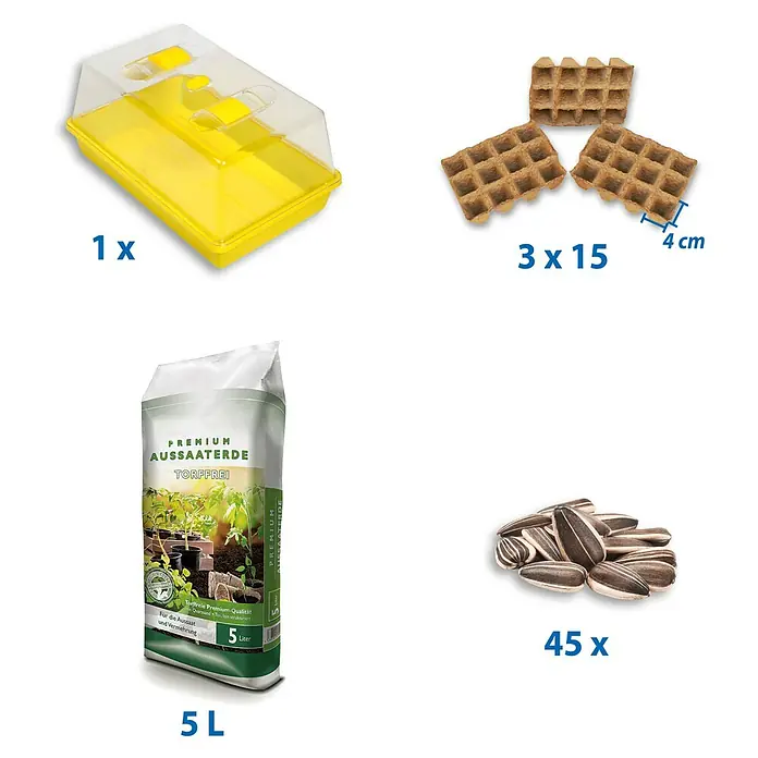 Floraworld Anzucht-Set Summer - L x B x H: 38 x 24 x 18,5 cm - Abbildung eines Anzuchtsets mit Anzuchtschale, Quelltabletten, Anzuchterde (5L) und Sonnenblumenkernen (45 Stk.) für die Aussaat.