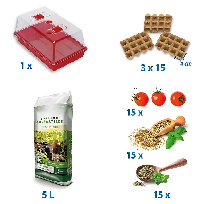 Floraworld Anzucht-Set Viva Italia - L x B x H: 38 x 24 x 18,5 cm - Abbildung eines Anzuchtsets mit Anzuchtkasten, Quelltabletten, Aussaaterde, Tomaten- und Kräutersamen.