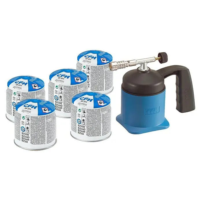 CFH Lötlampen-Set LM 1000 - Höchsttemperatur: 1.750 °C - Fünf CFH CF 211 Butangaskartuschen und eine CFH Lötlampe mit blauem Sockel und schwarzem Griff.