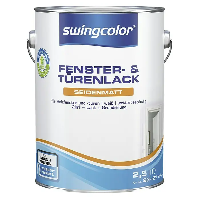 swingcolor Fenster- & Türenlack Acryl - Weiß, Seidenmatt, 2,5 l, Wasserbasiert - Dose Swingcolor Fenster- & Türenlack seidenmatt, wasserbasiert, geeignet für Innen- und Außenbereiche, 2,5 l für ca. 23-27 m².