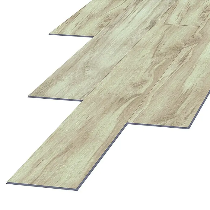 LOGOCLIC Laminado Roble Odessa - 1.380 x 193 x 10 mm, Roble, AC4 - Primer plano de tablones laminados modernos de color claro con efecto de veta de madera, mostrando un diseño de suelo elegante y duradero.