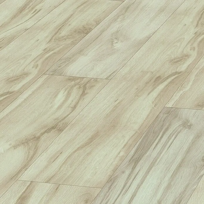 LOGOCLIC Laminado Roble Odessa - 1.380 x 193 x 10 mm, Roble, AC4 - Elegante piso laminado de madera clara con suaves patrones de grano que crean un ambiente cálido y acogedor. Perfecto para cualquier habitación.