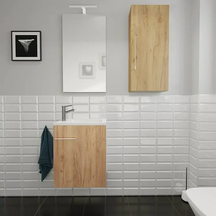Camargue Espacio Waschtischunterschrank50 x 33 x 60 cm, Doce - Badezimmer mit Waschtischunterschrank in Holzoptik, Spiegelschrank und schwarzem Boden für ein modernes Ambiente.