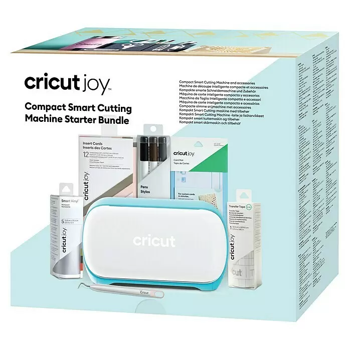 Cricut Joy Schneideplotter Starter Bundle - Türkis/Weiß, Bluetooth, Schnittbreite: 10,4 cm, Schnittlänge: 1,2 m - Cricut Joy Compact Smart Schneidemaschinen-Starterpaket, inklusive der weiß-blauen Maschine, Smart Vinyl, Einlegekarten, Stiften, Kartenmatte und Transferband.