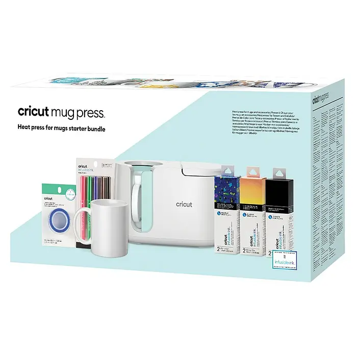 Cricut Prensa de transferencia Mug Press Starter Bundle - Blanco, Cable USB - Kit de inicio Cricut Mug Press, ideal para la sublimación en tazas, completo con accesorios para proyectos creativos.
