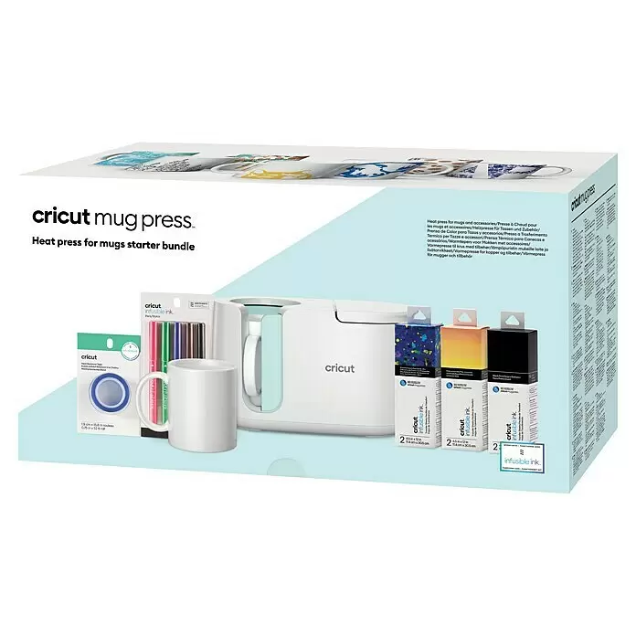 Cricut Prensa de transferencia Mug Press Starter Bundle - Blanco, Cable USB - Paquete de inicio Cricut Mug Press con prensa de calor blanca, bolígrafos Infusible Ink, hojas de transferencia, cinta y una taza en blanco.