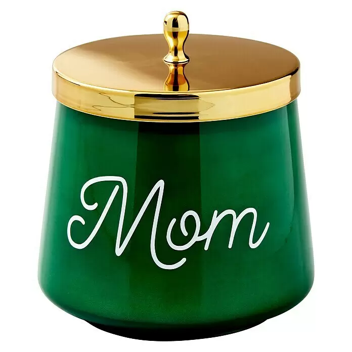 Cricut Joy Schneideplotter Starter Bundle - Türkis/Weiß, Bluetooth, Schnittbreite: 10,4 cm, Schnittlänge: 1,2 m - Grüner Tiegel mit goldenem Deckel und Griff, beschriftet mit „Mom“ in weißer Schrift.