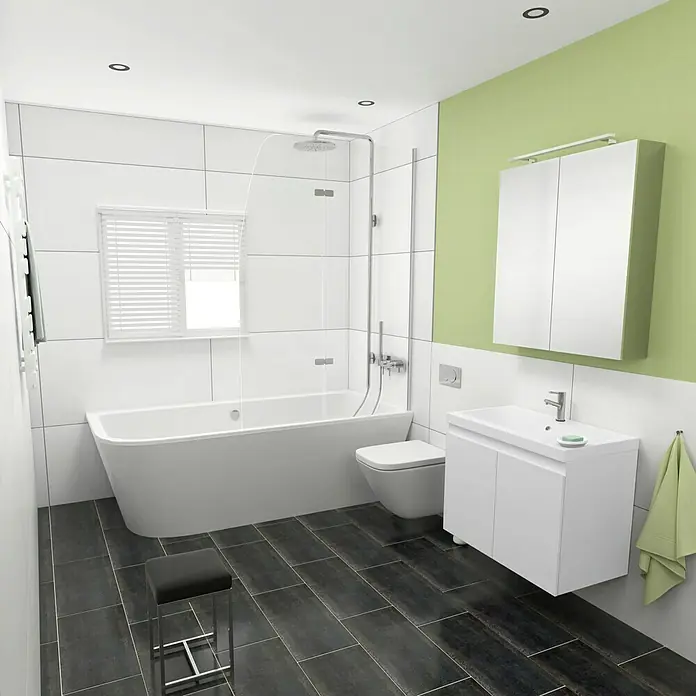 Camargue Espacio Badmöbel-Set G22 - 80 cm, Gama weiß matt - Ein elegantes Badezimmer mit einer freistehenden Badewanne, einer modernen Toilette und einem weißen Waschtisch mit Spiegel, der zusätzlichen Stauraum bietet.