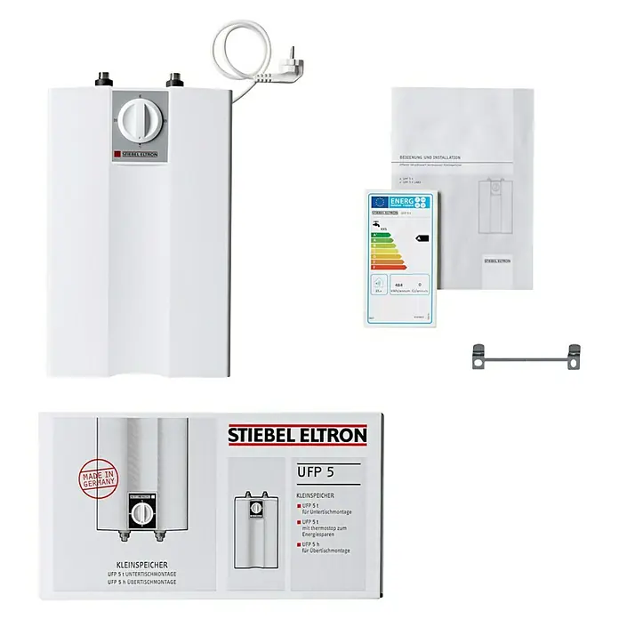 Stiebel Eltron Warmwasserspeicher UFP 5 T - 5 l, 2.000 W, Temperaturbereich: 35 °C - 85 °C, Untertischmontage - Produktansicht des Stiebel Eltron UFP 5 Kleinspeichers, ein kompakter Warmwasserbereiter für Unter- und Übertischmontage mit Zubehör.