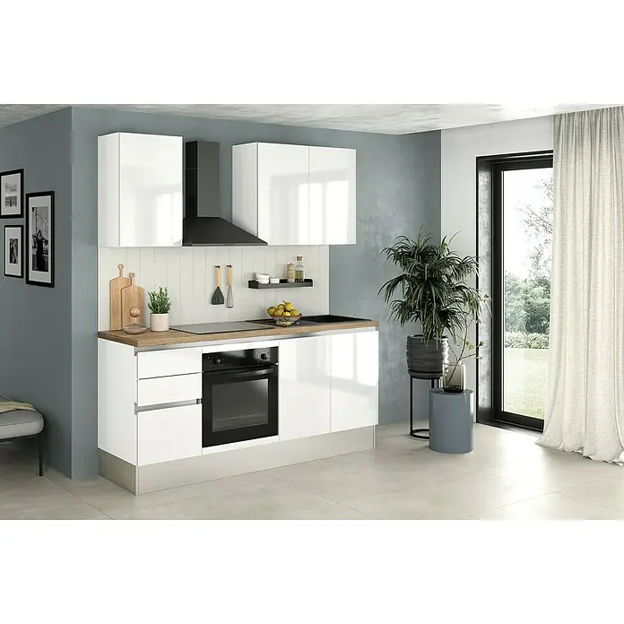 Marinelli Cucine Vormontierte Küchenzeile Gianna Eiche Natur - Breite: 195 cm, Weiß, Anschlag rechts, Mit Elektrogeräten - Helle, moderne Küche mit weißen Hochglanzfronten, einer Dunstabzugshaube und einer eleganten Arbeitsplatte. Stilvolles und funktionales Küchendesign.