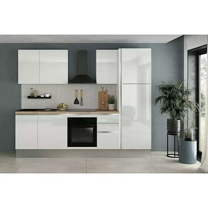 Marinelli Cucine Vormontierte Küchenzeile Gianna Eiche Natur - Breite: 275 cm, Weiß, Anschlag rechts, Mit Elektrogeräten - Stimmungsaufnahme