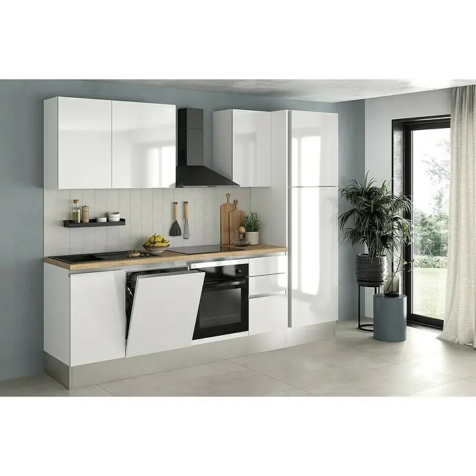 Marinelli Cucine Vormontierte Küchenzeile Gianna Eiche Natur - Breite: 275 cm, Weiß, Anschlag rechts, Mit Elektrogeräten - Helles Küchendesign mit weißen Hochglanzfronten, schwarzer Dunstabzugshaube und Holzarbeitsplatte bietet ein modernes Ambiente.