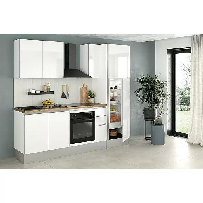 Marinelli Cucine Vormontierte Küchenzeile Gianna Eiche Natur - Breite: 245 cm, Weiß, Anschlag rechts, Mit Elektrogeräten - Stimmungsaufnahme