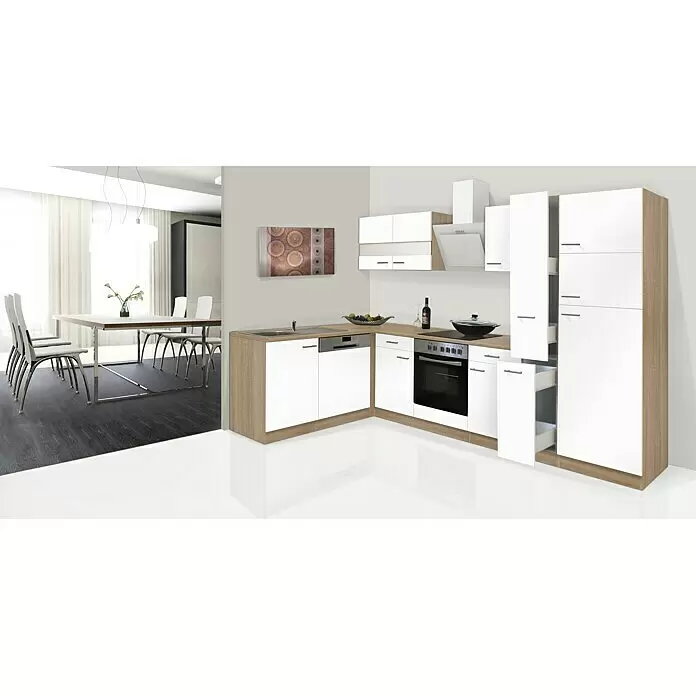 Respekta Cocina esquinera Merle - An x Pr: 310 x 172 cm, Blanco, Con electrodomésticos, Volumen horno: 72 l - Cocina moderna en L blanco/roble con electrodomésticos integrados y almacenamiento extraíble, en espacio luminoso.