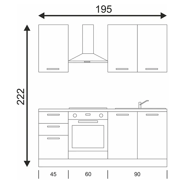 Marinelli Cucine Vormontierte Küchenzeile Gianna Marmor - Breite: 195 cm, Weiß, Anschlag links, Mit Elektrogeräten - Abbildung einer Küchenzeile mit den Maßen 195 cm Breite und 222 cm Höhe, inklusive Schränke, Herd und Dunstabzugshaube.