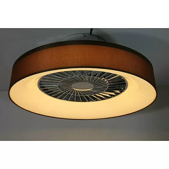 Voltomat Deckenventilator mit LED-Beleuchtung - Braun/Silber, 57 cm, 40 W - Runde Deckenleuchte mit Ventilator, mit braunem Stoffschirm, beleuchtetem Innendiffusor und Metallgitter.