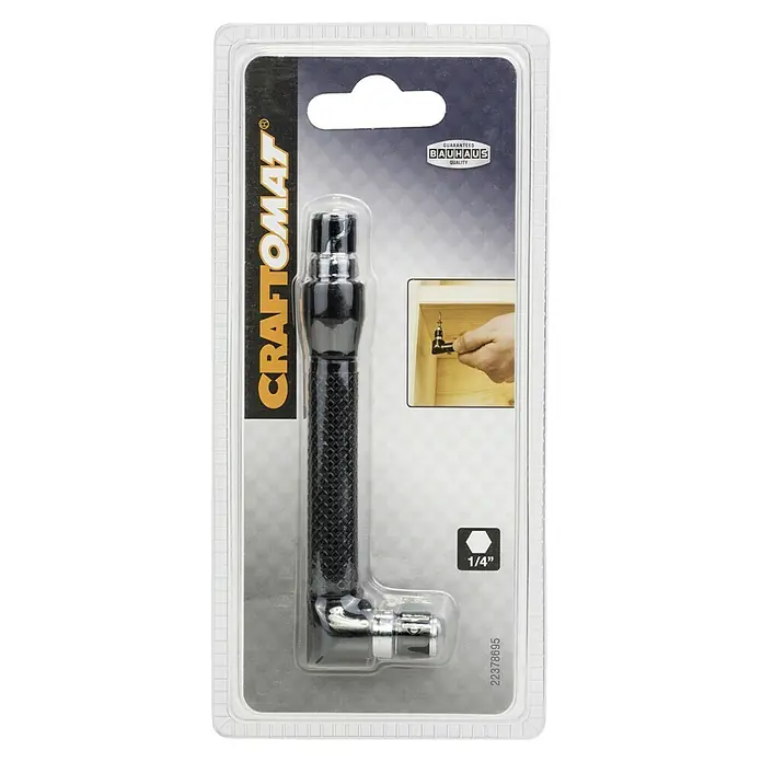 Craftomat Llave en forma de L - Específico para: Cabezales ¼'' hexagonales - Foto de un accesorio angular Craftomat para atornillador en un embalaje transparente, para tornillos en lugares de difícil acceso.