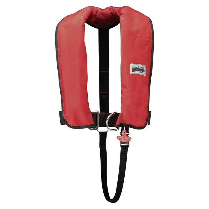 Marinepool Automatik-Rettungsweste ISO Classic 300N - Auftrieb: 300 N, Geeignet für Gewicht: 40 kg, Automatik/Manuell - Nahaufnahme einer roten Marinepool Rettungsweste mit schwarzen Gurten, die Sicherheit und Komfort auf dem Wasser bietet.
