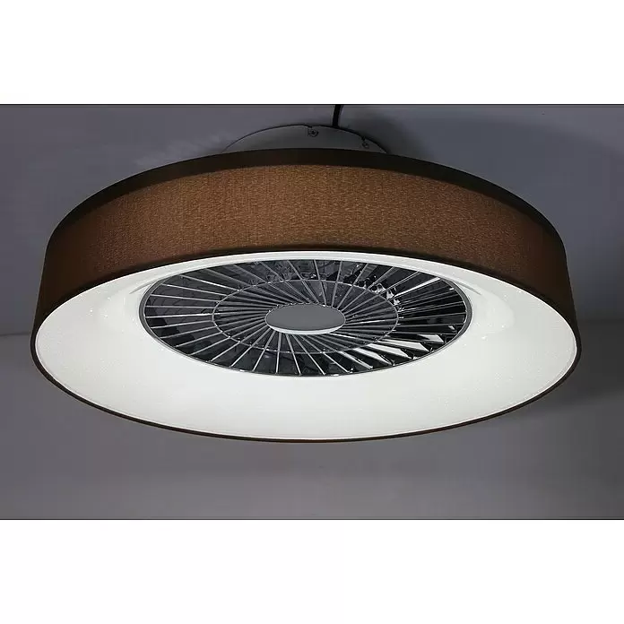 Voltomat Deckenventilator mit LED-Beleuchtung - Braun/Silber, 57 cm, 40 W - Runde Deckenlampe mit braunem Stoffschirm, weißem Sprenkeldiffusor und metallischem Ventilatorgitter.