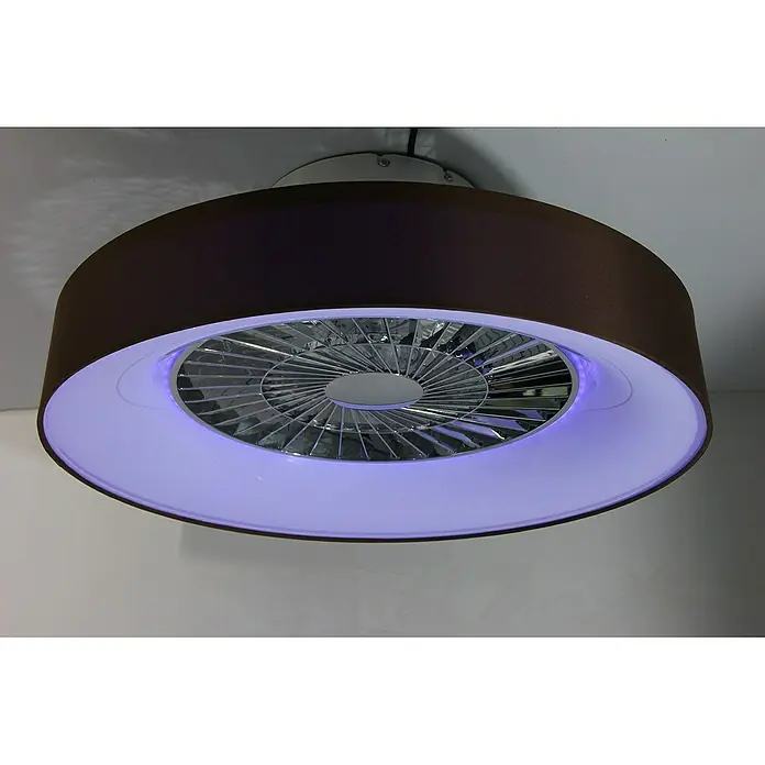 Voltomat Deckenventilator mit LED-Beleuchtung - Braun/Silber, 57 cm, 40 W - Nahaufnahme einer modernen Deckenleuchte mit braunem Lampenschirm und blauer LED-Beleuchtung, die ein stilvolles Ambiente schafft.