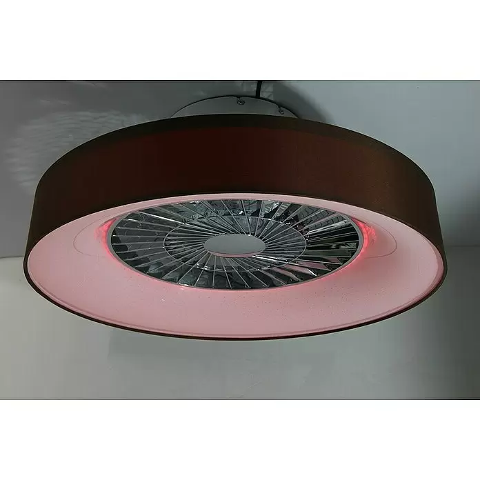 Voltomat Deckenventilator mit LED-Beleuchtung - Braun/Silber, 57 cm, 40 W - Deckenleuchte mit integriertem Ventilator, braunem Stoffschirm, rosa-rot beleuchtetem Ring und silbernem Gitter.