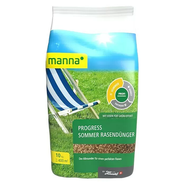 Manna Rasendünger Sommer - 10 kg, Max. Anwendungsfläche: 400 m² - Manna Progress Sommer Rasendünger in weißem Beutel mit Liegestuhl-, Gras- und Himmelmotiv, 10 kg für 400 m².