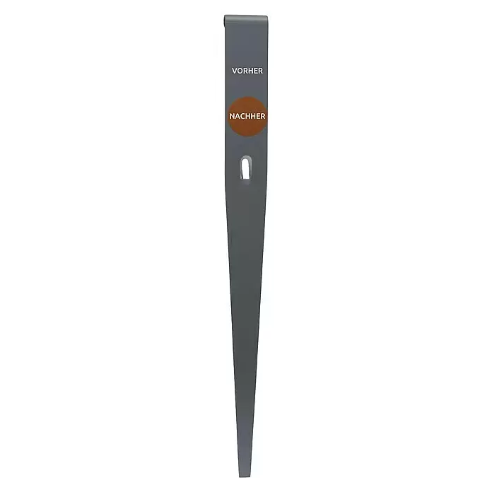 Bellissa Bodenanker RK 13 - Passend für: Bellissa Rasenkanten mit 13 cm Höhe - Dunkelgrauer Keil mit den Aufschriften 'VORHER' und 'NACHHER' sowie einer Aussparung oben.