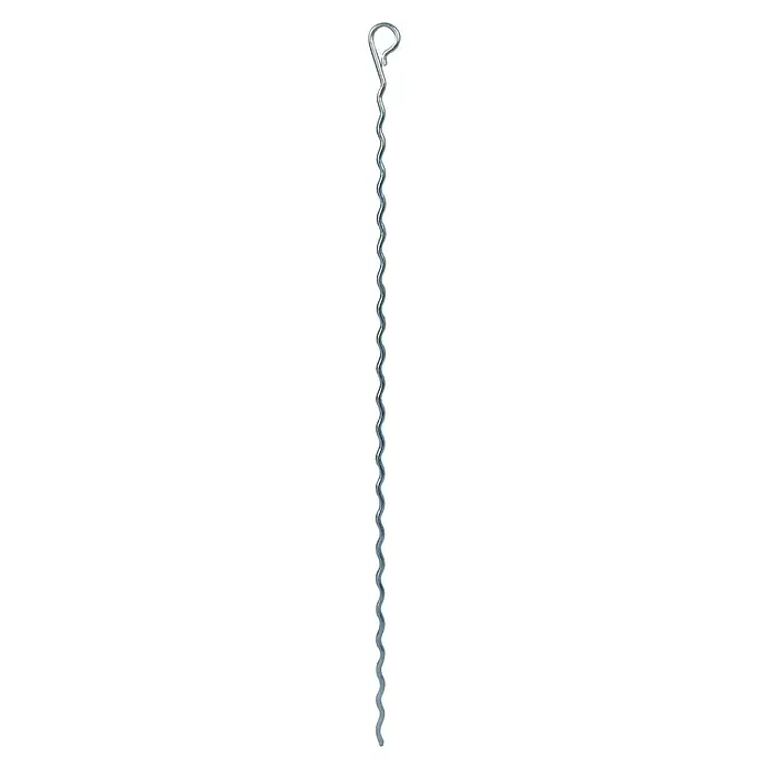 Bellissa Pflanzenstütze Mainau - 70 cm, Silber - Nahaufnahme eines spiralförmigen Zeltnagels aus Metall mit einer Schlaufe am oberen Ende, ideal für Campingausflüge.