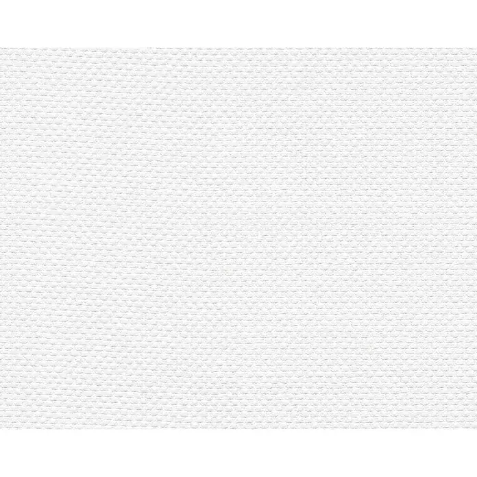 Atlantis Design Vliestapete Kissenoptik - Weiß, Uni, 10,05 x 0,53 m - Nahaufnahme eines weißen, strukturierten Stoffes, ideal für Hintergründe oder Textilmuster. Die feine Webart sorgt für eine subtile Eleganz.
