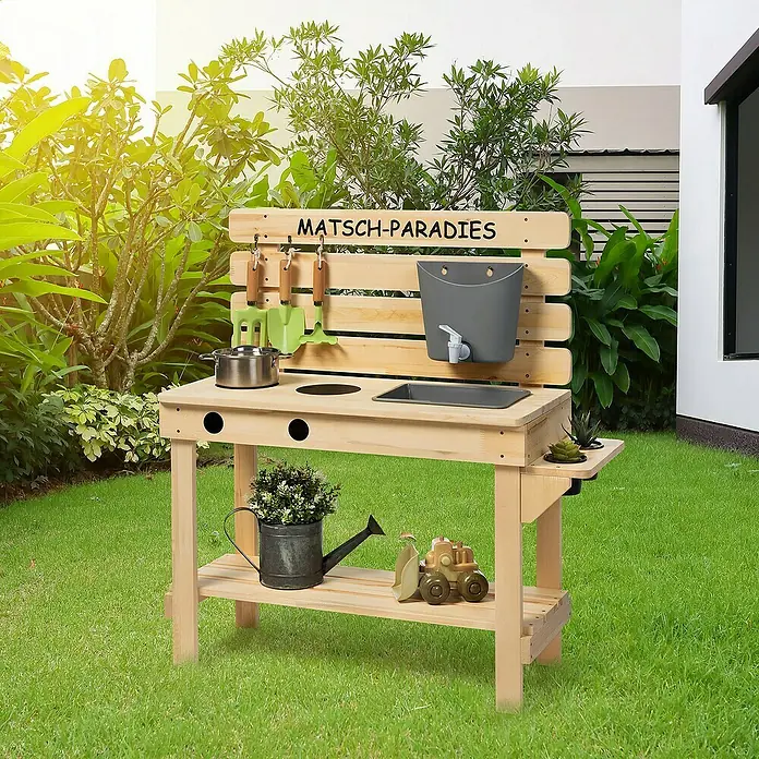 Sun Matschküche Paradies - 79 x 32 x 85 cm, Holz, Natur - Robuster Matschküche aus Holz für Kinder mit Zubehör wie Topf, Werkzeug und Wasserspender für fantasievolles Spielen im Freien.