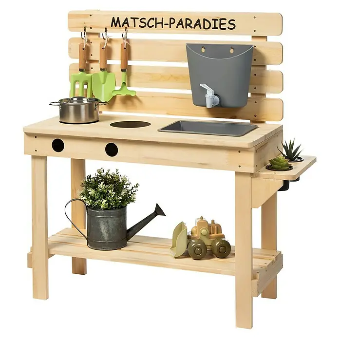 Sun Matschküche Paradies - 79 x 32 x 85 cm, Holz, Natur - Ein hölzerner Matsch-Paradies Spieltisch für Kinder mit Zubehör wie Topf, Schaufel und Eimer, ideal für kreatives Spielen im Freien.
