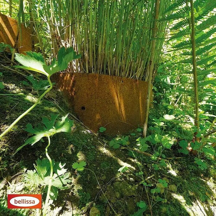 Bellissa Pflanzschale Hangabsicherung Collina - L x B x H: 96,5 x 1 x 34 cm, Corten - Ein rustikaler Pflanzkübel aus Metall inmitten üppiger grüner Vegetation, der einen natürlichen und doch modernen Akzent setzt.