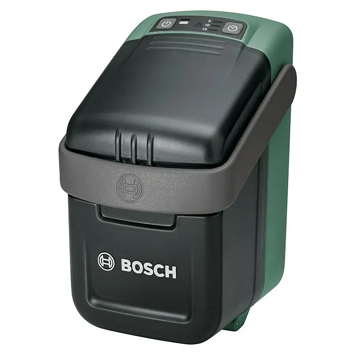 Bosch Power for All 18V Akku-Regenfasspumpe GardenPump 18V-2000 - 18 V, Ohne Akku, Max. Fördermenge: 2.000 l/h - Nahaufnahme eines Bosch-Produkts, möglicherweise ein Akku oder ein Steuergerät, in Schwarz und Grün.