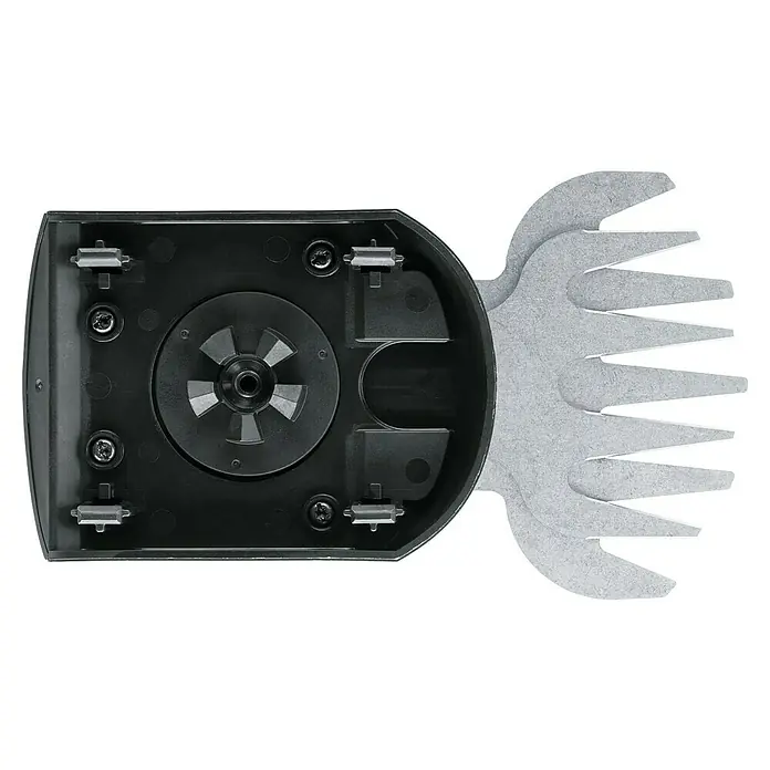 Bosch Power for All 18V Grasscherenaufsatz AdvancedShear 18V-10 - 100 mm, Passend für: AdvancedShear 18V - Nahaufnahme eines Heckenscherenaufsatzes mit silbernen Klingen und schwarzer Basis, ideal für präzise Gartenarbeit.
