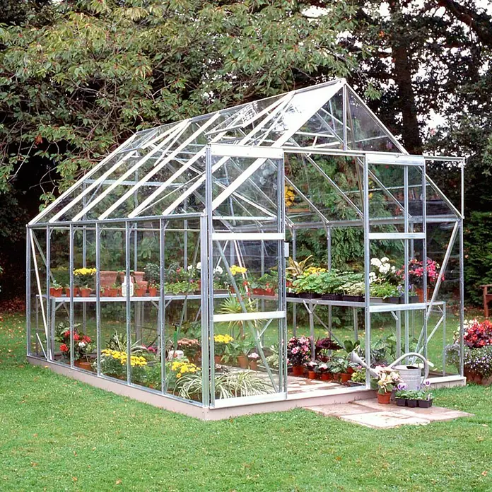 Halls Gewächshaus Magnum 128 - Außenmaß inkl. Dachüberstand (B x T): 257 x 384 cm, Material Seitenwand: Glas, 3 mm, Silbergrau, Sicherheitsglas - Gewächshaus mit Glaswänden und Pflanzen darin, umgeben von einem grünen Garten.