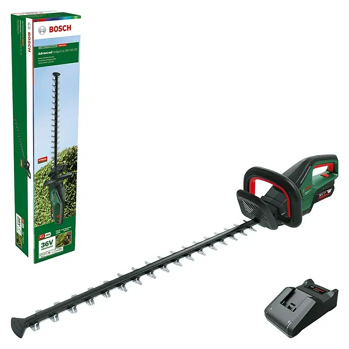 Bosch Power for All 36V Akku-Heckenschere AdvancedHedgeCut 36V-65-28 - 36 V, Li-Ionen, 1 Akku - Bosch AdvancedHedgeCut 36V-65-28 Akku-Heckenschere mit Ladegerät und Verpackung. Leistungsstark, für müheloses Schneiden von Hecken.