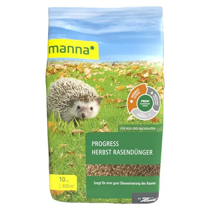 Manna Rasendünger Progress - 10 kg, Max. Anwendungsfläche: 400 m² - Manna Progress Herbst Rasendünger, 10 kg, mit Igel auf Gras. Sichert gute Rasen-Überwinterung.