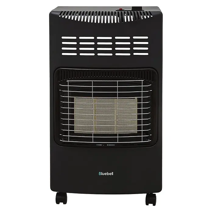 Estufa de gas infrarrojos Sion - 4,2 kW, Negro - Imagen de un calentador de gas Bluebell, con rejilla de seguridad y aberturas de ventilación.