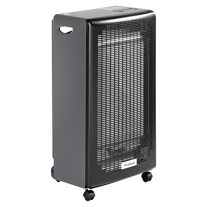 Estufa de gas llama azul Berna - 4,2 kW, Negro - Imagen de un calentador Bluebell con ruedas. Cuenta con un diseño de rejilla frontal y viene en un color oscuro.